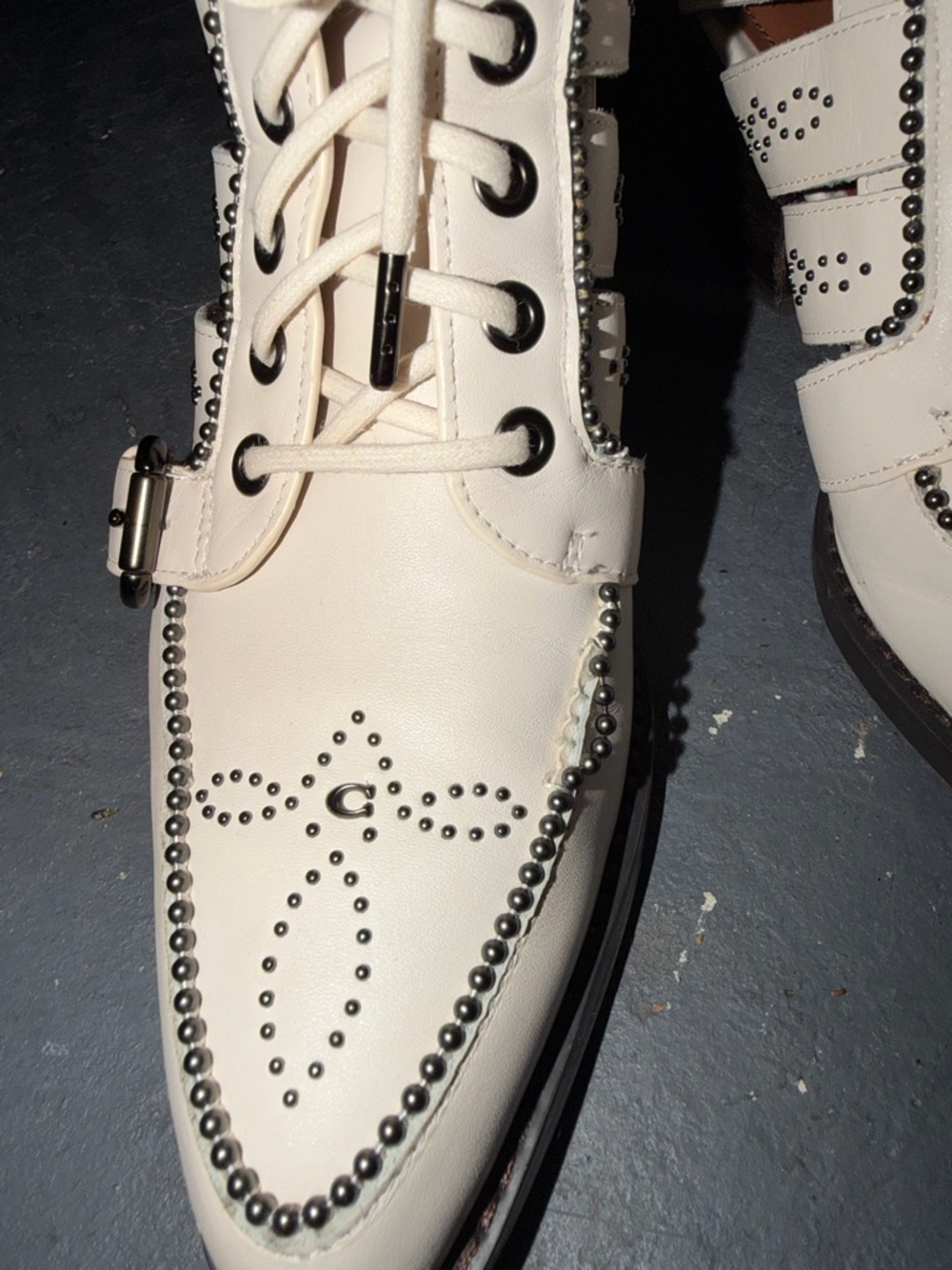 Coach Paisleh |  Cream Studded Lace-Up Ankle Boots - Picture 2 of 9